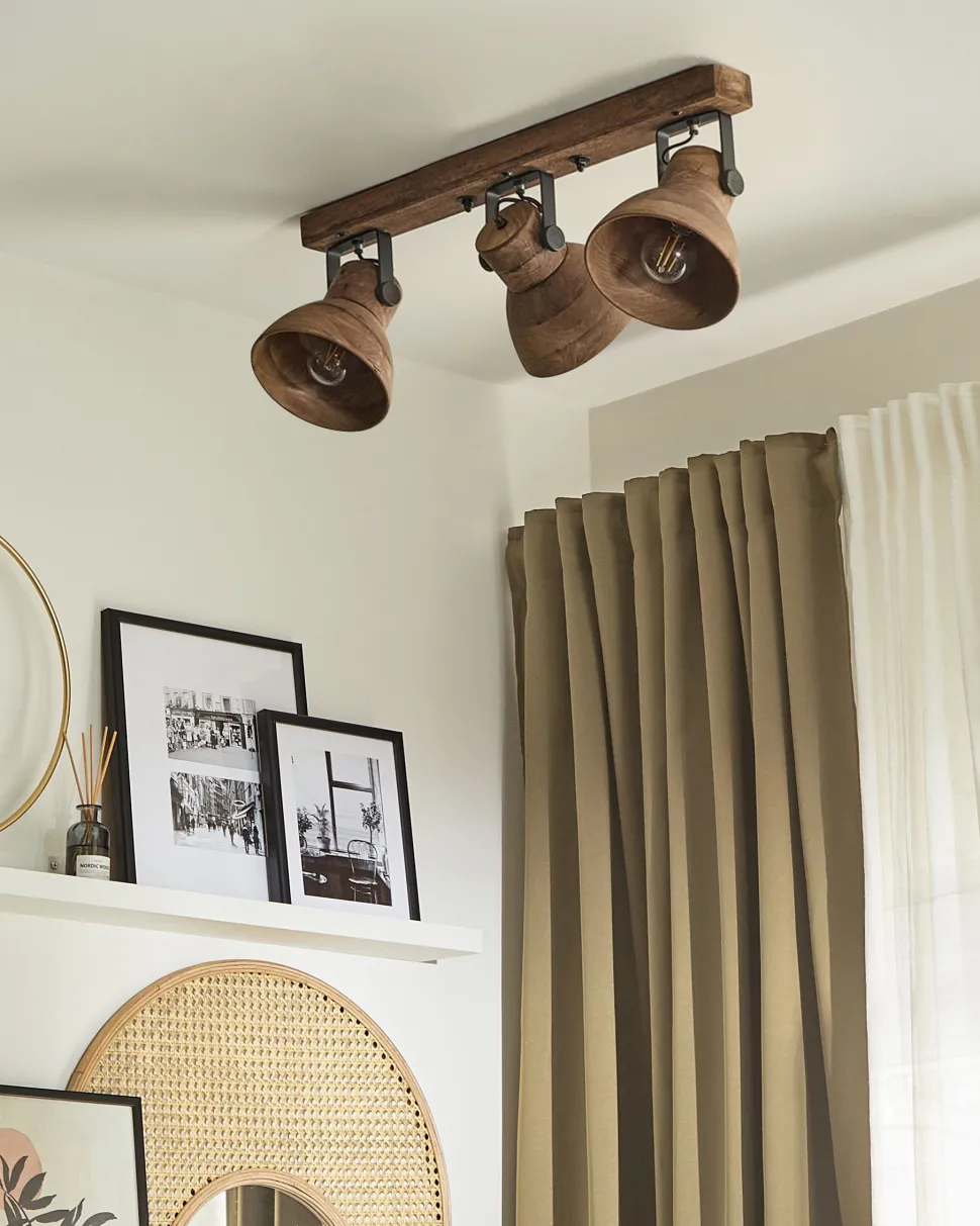 Candeeiro De Teto Com 3 Focos Em Madeira Escura Pennai