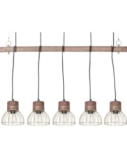 Candeeiro De Teto Cor De Madeira Clara E Bronze Para 5 Lampadas Varada