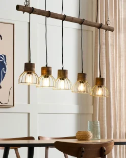 Candeeiro De Teto Cor De Madeira Clara E Bronze Para 5 Lampadas Varada