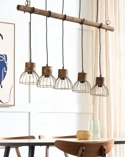 Candeeiro De Teto Cor De Madeira Clara E Bronze Para 5 Lampadas Varada