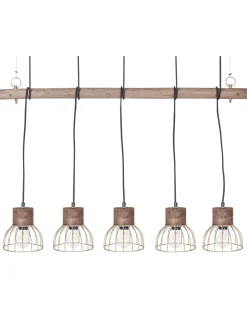 Candeeiro De Teto Cor De Madeira Clara E Bronze Para 5 Lampadas Varada