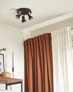 Candeeiro De Teto Em Metal Preto E Cor De Cobre 3 Luzes Baro