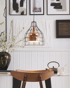 Candeeiro De Teto Em Metal Cor De Cobre Em Gaiola Preta Tresa