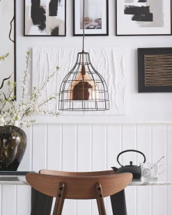 Candeeiro De Teto Em Metal Cor De Cobre Em Gaiola Preta Tresa