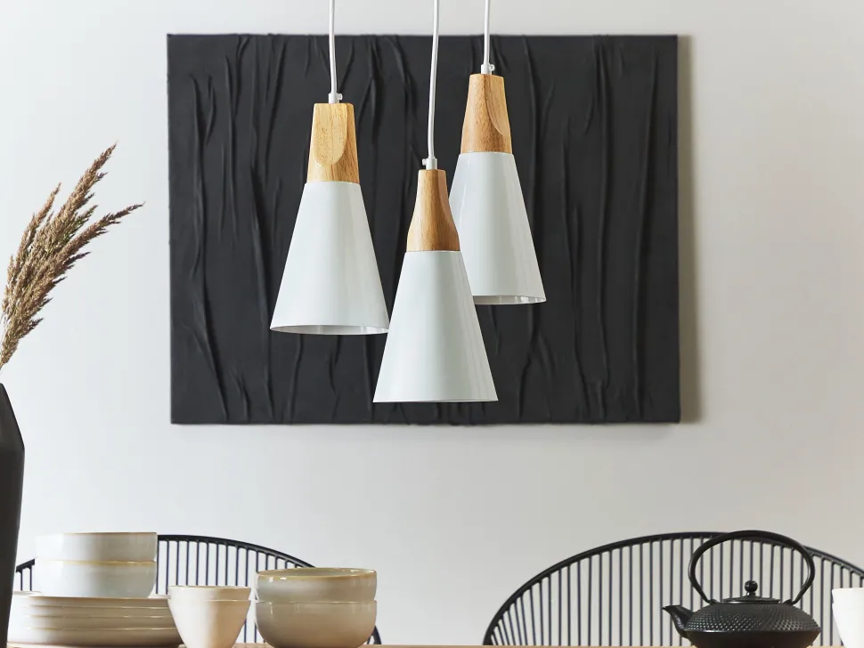 Candeeiro De Teto Para 3 Lampadas Em Metal E Madeira Branco Ticino