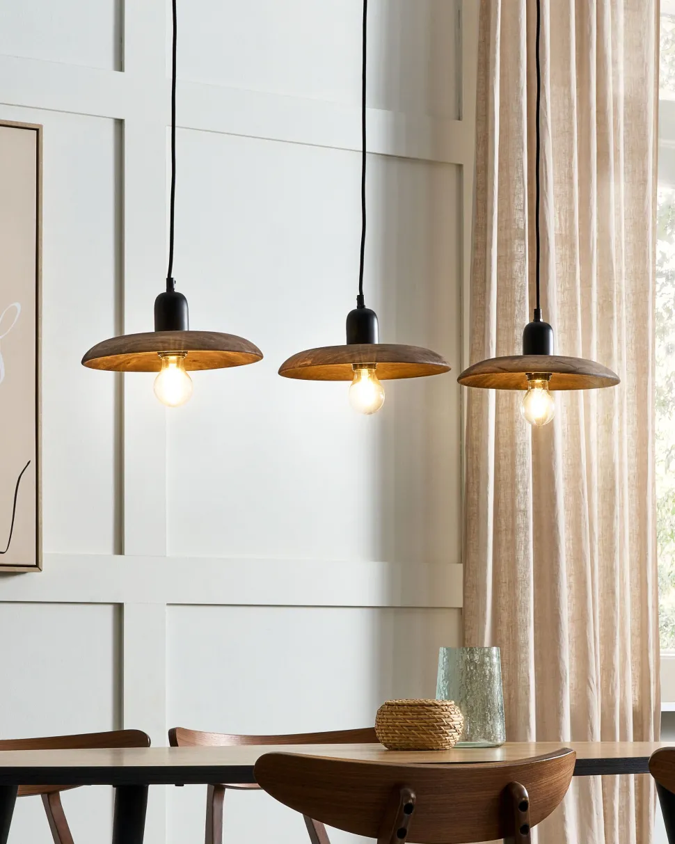 Candeeiro De Teto Para 3 Lampadas Em Madeira Escura Manjeera