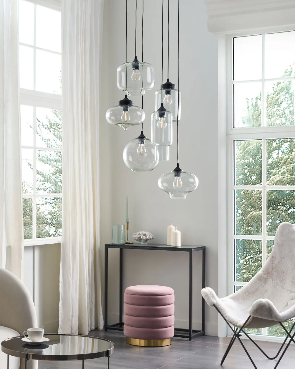 Candeeiro De Teto Para 6 Lampadas Em Vidro Transparente Bemboka