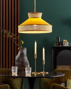 Candeeiro De Teto Suspenso Em Rattan Amarelo E Natural Batali