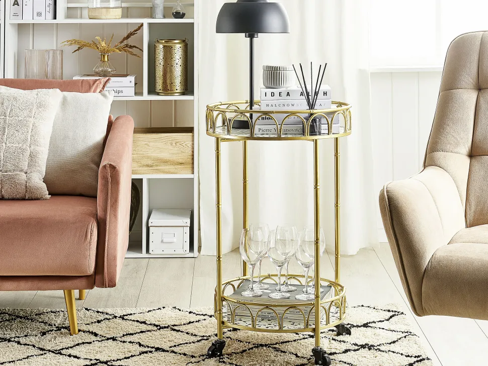 Carrinho De Cozinha Em Metal Dourado Com Efeito Marmorite Shafter