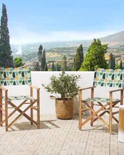 Conjunto 2 Cadeiras Madeira Clara E 2 Lonas Creme E Padrao Geometrico Cine