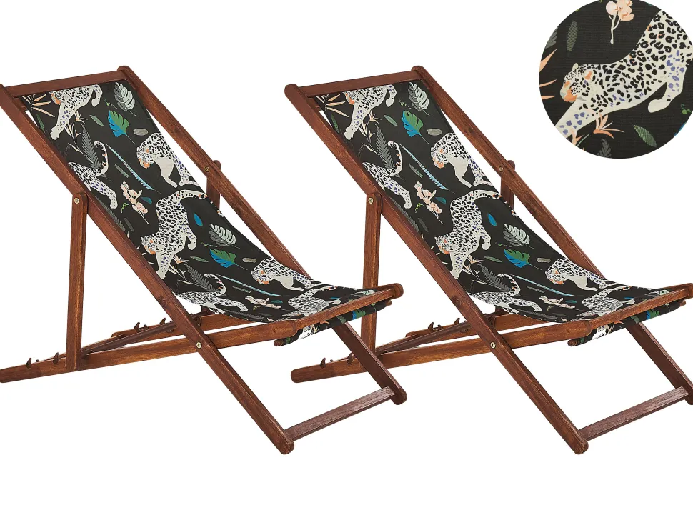 Conjunto 2 Espreguicadeiras Madeira E 2 Lonas Brancas E Padrao Animal Anzio