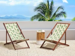Conjunto 2 Espreguicadeiras Madeira Escura 2 Lonas Brancas E Padrao Folhas E Flores Anzio