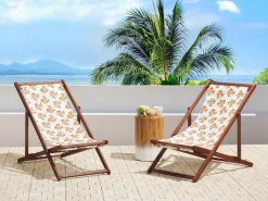 Conjunto 2 Espreguicadeiras Madeira Escura E 2 Lonas Brancas E Padrao Laranjas Anzio