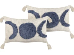 Conjunto De 2 Almofada Com Bordado Em Algodao Creme E Azul 35 X 55 Cm Lupinus