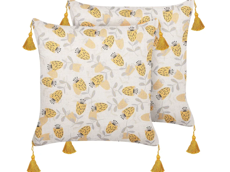 Conjunto De 2 Almofadas Com Padrao Floral Creme E Amarelo 45 X 45 Cm Abutilon