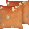 Conjunto De 2 Almofadas Com Padrao De Folha Laranja E Dourado 45 X 45 Cm Tulip