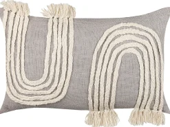 Conjunto De 2 Almofadas Com Bordado Em Algodao Em Cinzento E Creme 35 X 55 Cm Ocimum