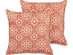 Conjunto De 2 Almofadas Decorativas Com Padrao Geometrico Em Algodao Vermelha E Branca 45 X 45 Cm Ceiba