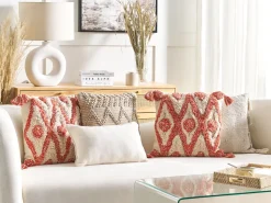 Conjunto De 2 Almofadas Decorativas Em Algodao Creme E Laranja Com Borlas 45 X 45 Cm Hickory