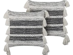 Conjunto De 2 Almofadas Decorativas Em Algodao Preto E Branco Com Borlas 45 X 45 Cm Rochea