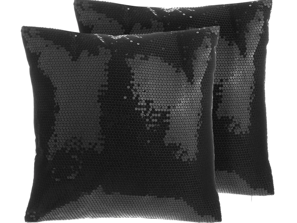 Conjunto De 2 Almofadas Decorativas Com Lantejoulas 45 X 45 Cm Preta Aster