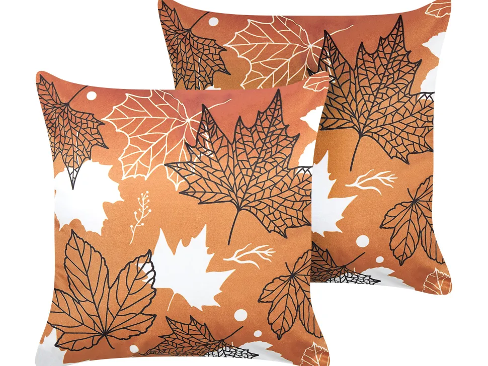 Conjunto De 2 Almofadas Decorativas Em Veludo Laranja Com Padrao De Folha 45 X 45 Cm Poinsettia