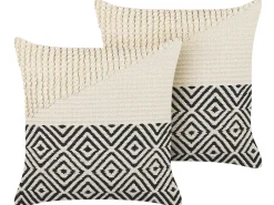 Conjunto De 2 Almofadas Decorativas Em Algodao Creme E Preto Com Padrao Geometrico 45 X 45 Cm Calanthe