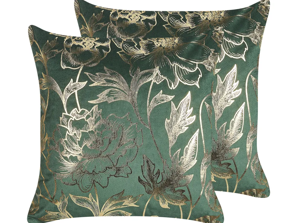 Conjunto De 2 Almofadas Decorativas Em Veludo Verde E Dourado 45 X 45 Cm Daffodil