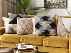 Conjunto De 2 Almofadas Decorativas Tufadas Em Algodao Creme E Preto 50 X 50 Cm Khora