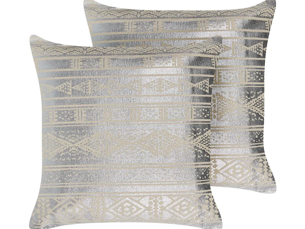 Conjunto De 2 Almofadas De Algodao Com Padrao Geometrico 50 X 50 Cm Prateado Oujda