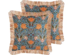 Conjunto De 2 Almofadas Decorativa Com Padrao Floral Azul E Laranja 45 X 45 Cm Mitella