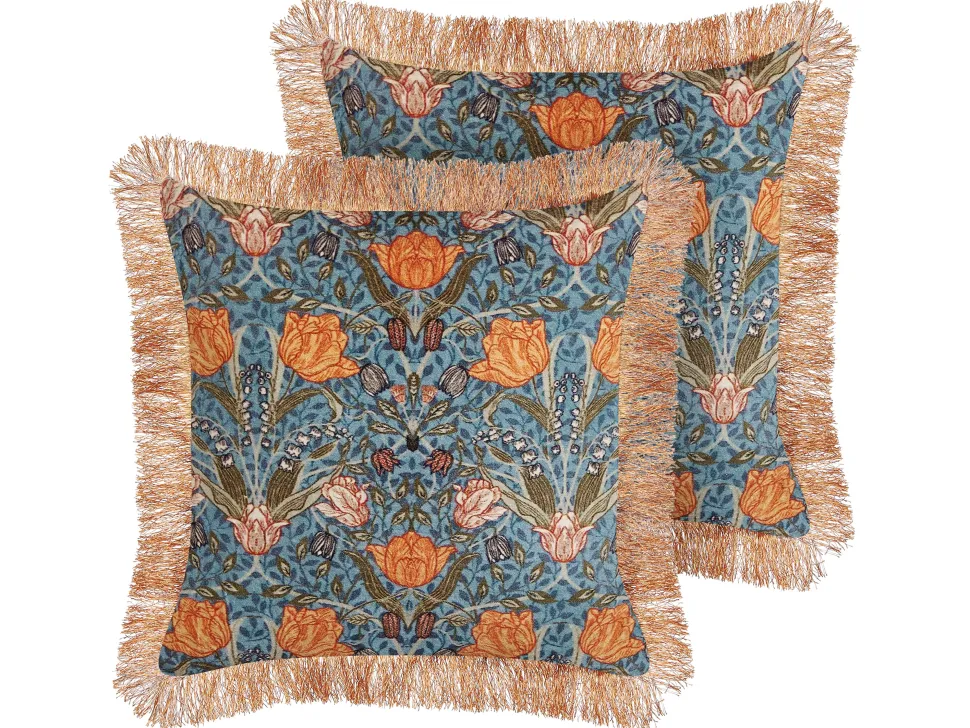 Conjunto De 2 Almofadas Decorativa Com Padrao Floral Azul E Laranja 45 X 45 Cm Mitella