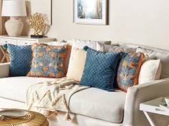 Conjunto De 2 Almofadas Decorativa Com Padrao Floral Azul E Laranja 45 X 45 Cm Mitella