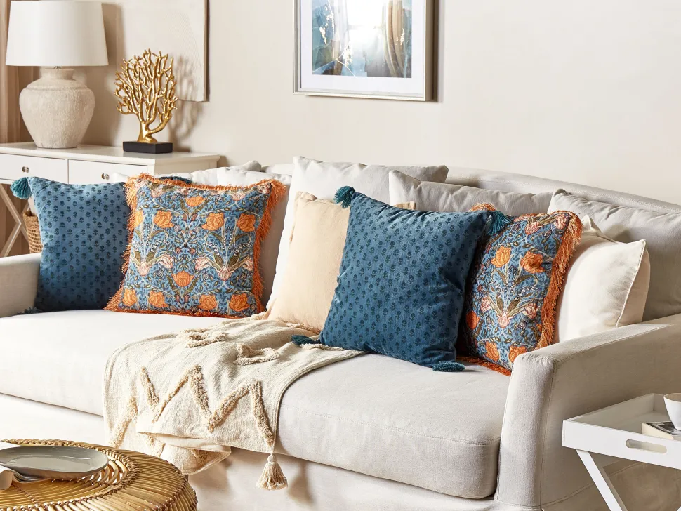 Conjunto De 2 Almofadas Decorativa Com Padrao Floral Azul E Laranja 45 X 45 Cm Mitella
