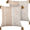 Conjunto De 2 Almofadas Decorativas Com Padrao Geometrico Em Algodao Castanho Claro E Branco 45 X 45 Cm Malus