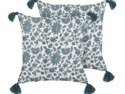Conjunto De 2 Almofadas Decorativas Com Padrao Floral Em Algodao Branco E Azul 45 X 45 Cm Rumex