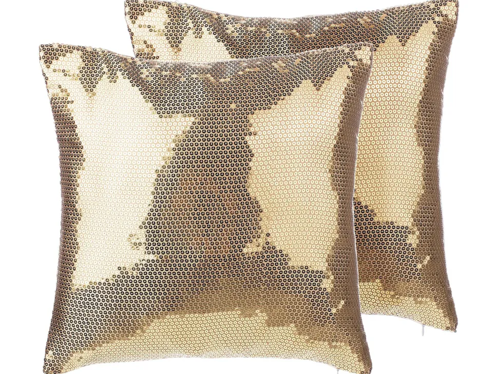Conjunto De 2 Almofadas Decorativas Com Lantejoulas 45 X 45 Cm Dourada Aster