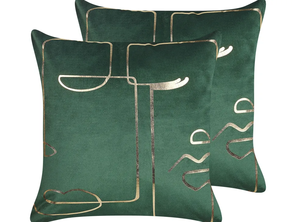Conjunto De 2 Almofadas Decorativas Veludo Verde E Dourado 45 X 45 Cm Philodendron