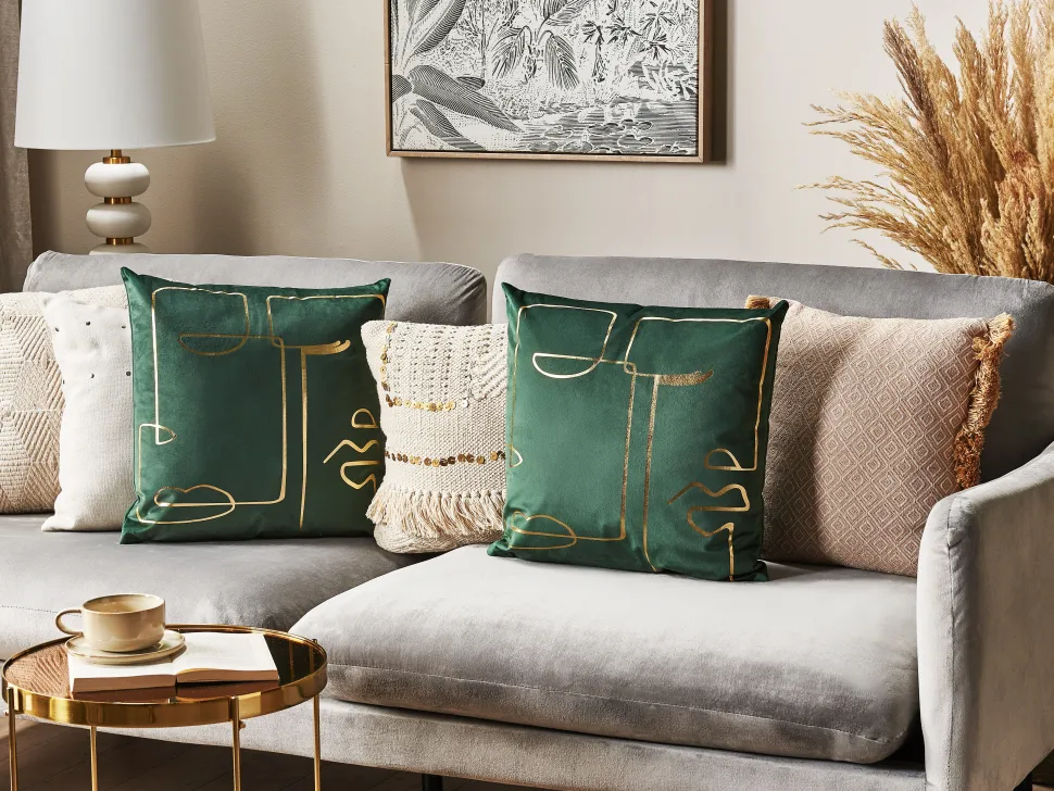 Conjunto De 2 Almofadas Decorativas Veludo Verde E Dourado 45 X 45 Cm Philodendron