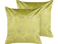 Conjunto De 2 Almofadas Decorativas Veludo Verde Claro E Dourado 45 X 45 Cm Monstera