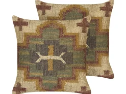 Conjunto De 2 Almofadas Decorativas Com Padrao Geometrico Em Juta Multicolor 45 X 45 Cm Pulicat