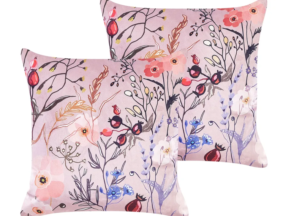 Conjunto De 2 Almofadas Decorativas Em Veludo Rosa 45 X 45 Cm Anemones