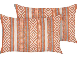 Conjunto De 2 Almofadas Decorativas Em Algodao Laranja E Branco Com Padrao Geometrico 30 X 50 Cm Inula