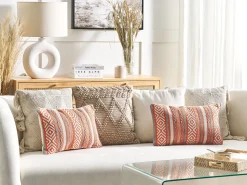 Conjunto De 2 Almofadas Decorativas Em Algodao Laranja E Branco Com Padrao Geometrico 30 X 50 Cm Inula