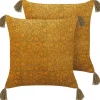 Conjunto De 2 Almofadas Decorativas Com Padrao Floral E Borlas Em Veludo Amarelo 45 X 45 Cm Rheum
