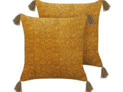 Conjunto De 2 Almofadas Decorativas Com Padrao Floral E Borlas Em Veludo Amarelo 45 X 45 Cm Rheum