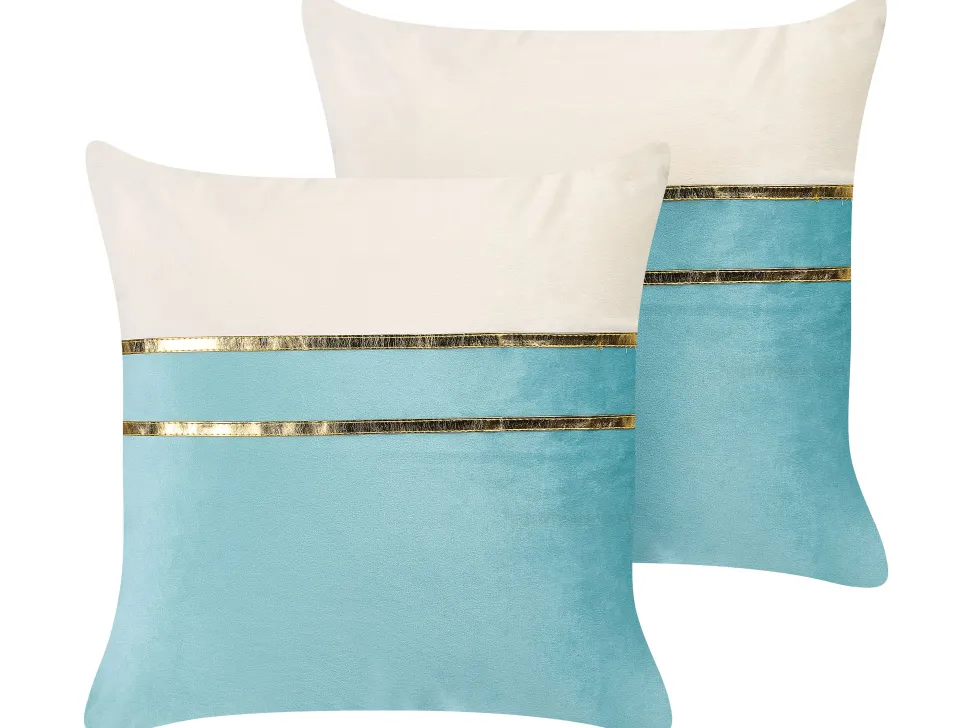 Conjunto De 2 Almofadas Decorativas Em Veludo Azul E Creme 45 X 45 Cm Allium