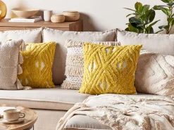 Conjunto De 2 Almofadas Decorativas Tufadas Em Algodao Amarelo 45 X 45 Cm Alcea