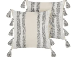 Conjunto De 2 Almofadas Decorativas Tufadas Em Algodao Creme E Cinzento 45 X 45 Cm Heliconia