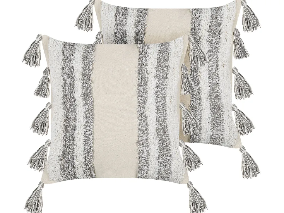 Conjunto De 2 Almofadas Decorativas Tufadas Em Algodao Creme E Cinzento 45 X 45 Cm Heliconia